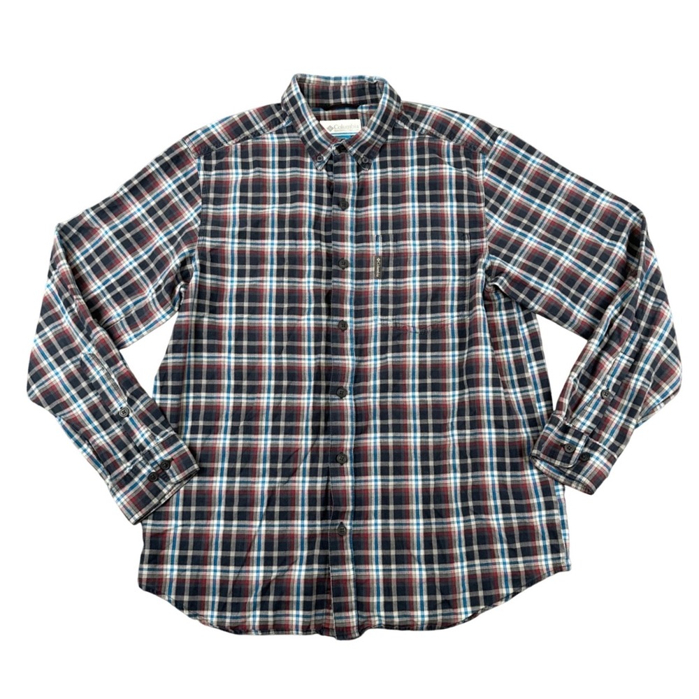 Columbia Button Down Shirt Mens Medium Grey Red Blue Plaid Casual Outdoor